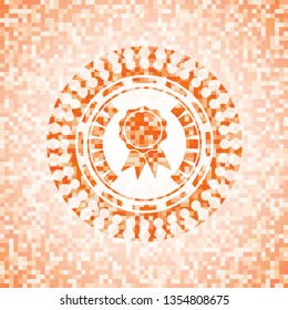 ribbon icon inside abstract emblem, orange mosaic background