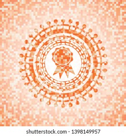 ribbon icon inside abstract orange mosaic emblem with background