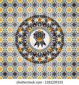 ribbon icon inside arabesque badge background. arabic decoration.