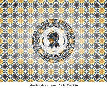 ribbon icon inside arabic badge background. Arabesque decoration.