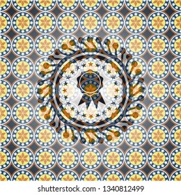ribbon icon inside arabic badge background. Arabesque decoration.