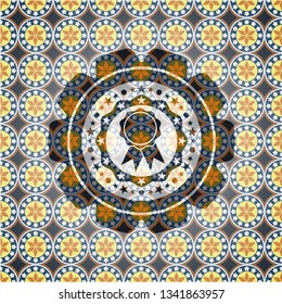ribbon icon inside arabic badge. Arabesque decoration.