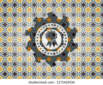 ribbon icon inside arabic style emblem. Arabesque decoration.