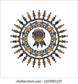 ribbon icon inside arabic style badge. Arabesque decoration.