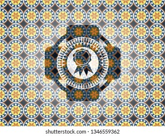 ribbon icon inside arabic style emblem. Arabesque decoration.