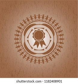  ribbon icon inside badge with wood background