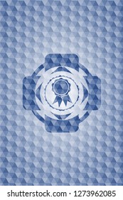 ribbon icon inside blue badge with geometric pattern.