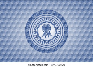 ribbon icon inside blue emblem or badge with abstract geometric polygonal pattern background.
