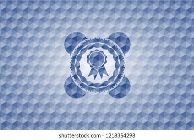 ribbon icon inside blue emblem or badge with abstract geometric polygonal pattern background.