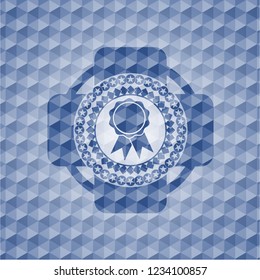 ribbon icon inside blue emblem with geometric background.