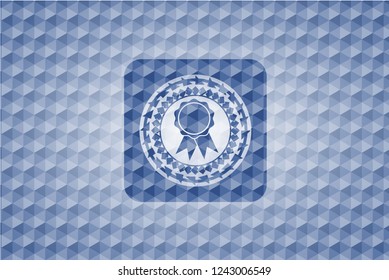 ribbon icon inside blue emblem or badge with abstract geometric pattern background.