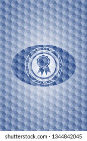 ribbon icon inside blue emblem with geometric background.