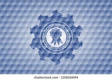 ribbon icon inside blue emblem with geometric background.