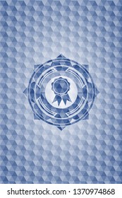 ribbon icon inside blue emblem with geometric background.