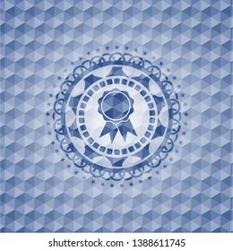 ribbon icon inside blue emblem or badge with abstract geometric pattern background.