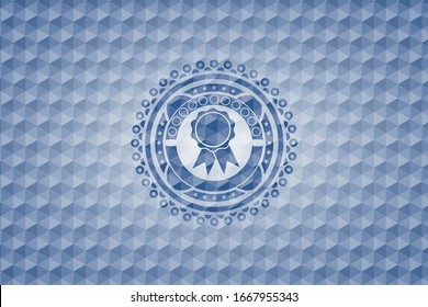 ribbon icon inside blue emblem with geometric background.