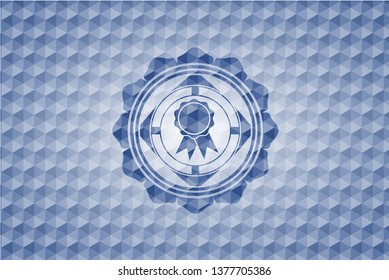 ribbon icon inside blue polygonal emblem.