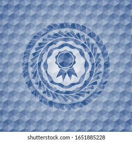 ribbon icon inside blue polygonal emblem.