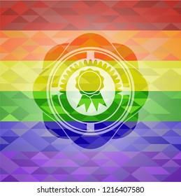 ribbon icon inside emblem on mosaic background with the colors of the LGBT flag
