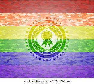 ribbon icon inside emblem on mosaic background with the colors of the LGBT flag