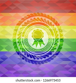 ribbon icon inside emblem on mosaic background with the colors of the LGBT flag