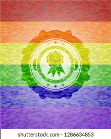 ribbon icon inside emblem on mosaic background with the colors of the LGBT flag