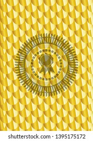 ribbon icon inside gold emblem. Scales pattern. Vector Illustration. Detailed.