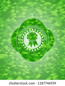 ribbon icon inside green emblem. Mosaic background