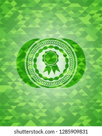 ribbon icon inside green emblem with mosaic ecological style background