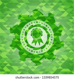 ribbon icon inside green emblem with triangle mosaic background
