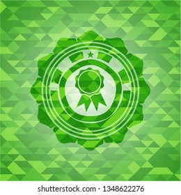 ribbon icon inside green emblem with mosaic background