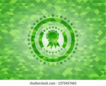 ribbon icon inside green emblem with mosaic background