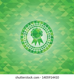 ribbon icon inside green emblem with mosaic ecological style background