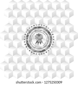 ribbon icon inside grey badge with geometric cube white background