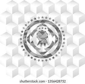ribbon icon inside grey badge with geometric cube white background