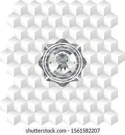 ribbon icon inside grey badge with geometric cube white background