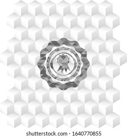 ribbon icon inside grey badge with geometric cube white background