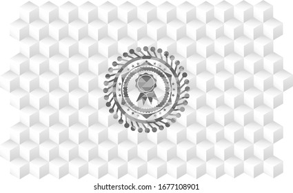 ribbon icon inside grey badge with geometric cube white background