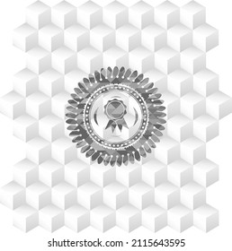 ribbon icon inside grey badge with geometric cube white background. 