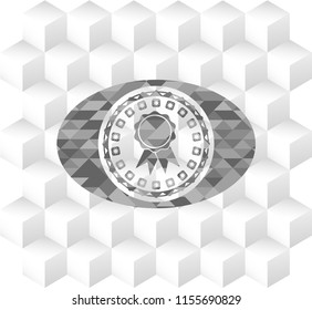 ribbon icon inside grey emblem with geometric cube white background