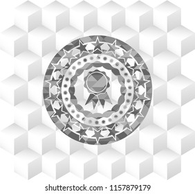 ribbon icon inside grey emblem with geometric cube white background