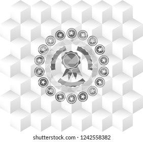 ribbon icon inside grey emblem with geometric cube white background