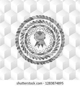 ribbon icon inside grey emblem. Retro with geometric cube white background