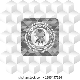 ribbon icon inside grey emblem. Vintage with geometric cube white background