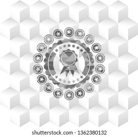 ribbon icon inside grey emblem with geometric cube white background