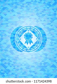 ribbon icon inside light blue emblem with mosaic ecological style background