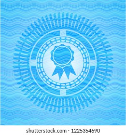 ribbon icon inside light blue water style emblem.