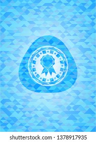 ribbon icon inside light blue emblem. Mosaic background