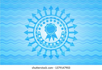 ribbon icon inside light blue water style emblem.