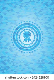 ribbon icon inside light blue emblem. Mosaic background